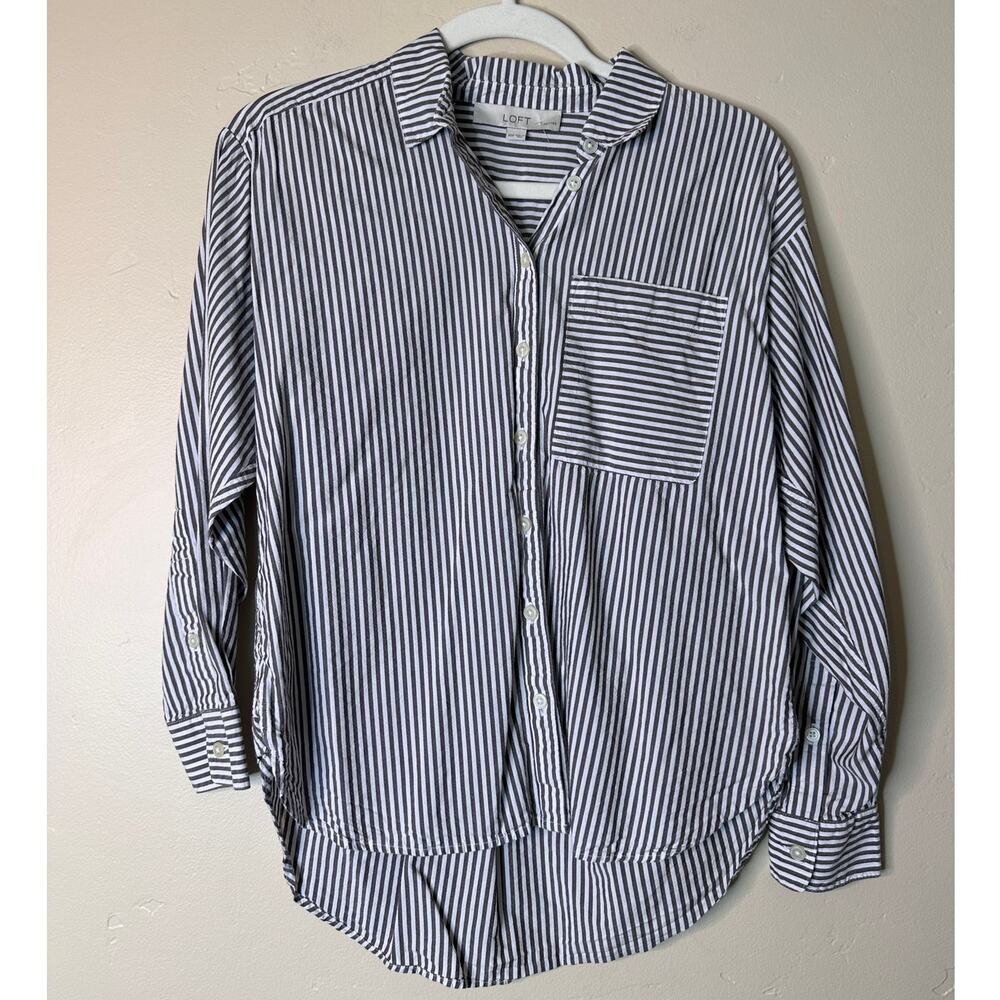 LOFT Petites Gray and White Railroad Pin Stripe Button Up Front Pocket XSP